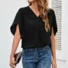 Best Pirce 🎁 Romantichut Black Tulip-Sleeve V-Neck Top - 👩 Women 🎉 -Romantichut Sales zu107682769 main tm1658878804