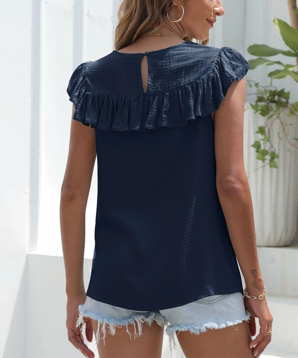 Brand new ๐งจ Romantichut Navy Blue Lace-Detail Ruffle-Accent Flutter-Sleeve Top - ๐ฉ Women โญ 4 Brand new ๐งจ Romantichut Navy Blue Lace-Detail Ruffle-Accent Flutter-Sleeve Top - ๐ฉ Women โญ - Image 2