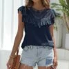 Brand new 🧨 Romantichut Navy Blue Lace-Detail Ruffle-Accent Flutter-Sleeve Top - 👩 Women ⭐ -Romantichut Sales zu107751560 main tm1660226922