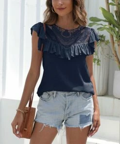 Brand new 🧨 Romantichut Navy Blue Lace-Detail Ruffle-Accent Flutter-Sleeve Top - 👩 Women ⭐