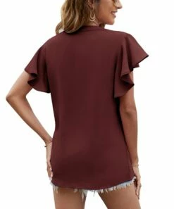 Brand new 🎉 Romantichut Wine Ruffle-Sleeve V-Neck Top - 👩 Women ⌛ -Romantichut Sales zu107751614 alt 1 tm1659023066