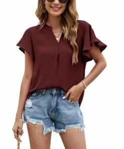 Brand new 🎉 Romantichut Wine Ruffle-Sleeve V-Neck Top - 👩 Women ⌛ -Romantichut Sales zu107751614 alt 2 tm1659023066