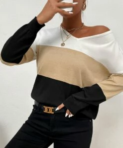 Hot Sale 😀 Romantichut White & Beige Color Block Stripe V-Neck Top - 👩 Women 🔥 -Romantichut Sales zu107834892 alt 2 tm1660314525