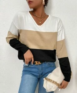 Hot Sale 😀 Romantichut White & Beige Color Block Stripe V-Neck Top - 👩 Women 🔥