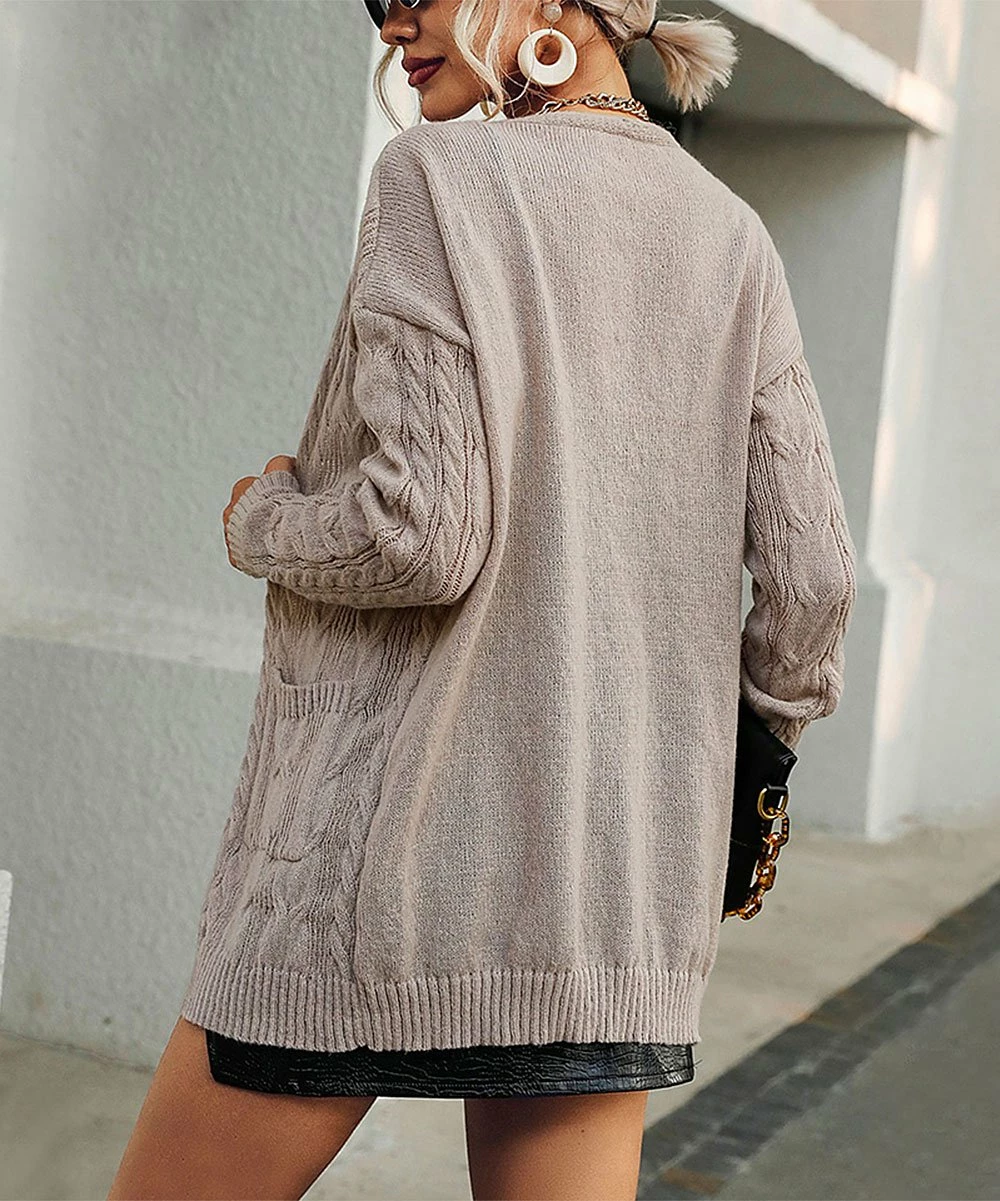 Promo 🎉 Romantichut Khaki Cable-Knit Pocket Open Cardigan - 👩 Women 😍 6 Promo 🎉 Romantichut Khaki Cable-Knit Pocket Open Cardigan - 👩 Women 😍 - Image 4