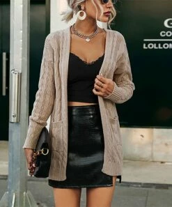 Promo 🎉 Romantichut Khaki Cable-Knit Pocket Open Cardigan - 👩 Women 😍