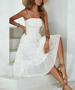 Best Sale ⭐ Romantichut White Swiss Dot Tiered Sleeveless 👗 Dress - 👩 Women ✨