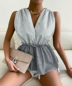 Top 10 🎁 Romantichut Gray & White Stripe Color Block Surplice Top - 👩 Women 🎉 -Romantichut Sales zu107876327 alt 3 tm1660226922