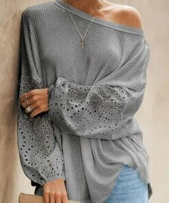 Best Sale 🎁 Romantichut Gray Eyelet Bishop-Sleeve Sweater - 👩 Women 🔔
