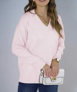 Wholesale ✨ Romantichut Pink Wide-Collar V-Neck Sweater - 👩 Women 😍 -Romantichut Sales zu108109200 alt 1 tm1665513391