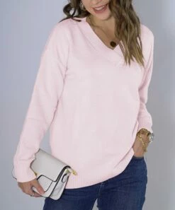 Wholesale ✨ Romantichut Pink Wide-Collar V-Neck Sweater - 👩 Women 😍 -Romantichut Sales zu108109200 alt 4 tm1665513391