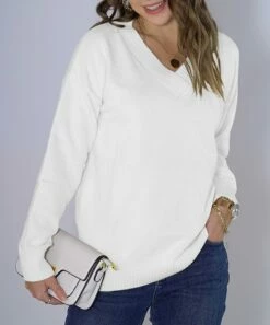 Outlet 🌟 Romantichut White Knit V-Neck Sweater - 👩 Women 👍 -Romantichut Sales zu108116549 alt 1 tm1665513391