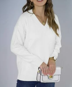 Outlet 🌟 Romantichut White Knit V-Neck Sweater - 👩 Women 👍 -Romantichut Sales zu108116549 alt 3 tm1665513391