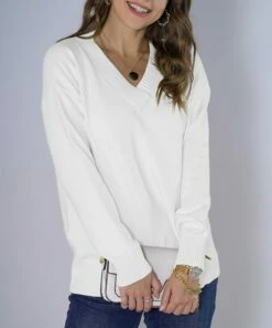 Outlet 🌟 Romantichut White Knit V-Neck Sweater - 👩 Women 👍 -Romantichut Sales zu108116549 alt 4 tm1665513391