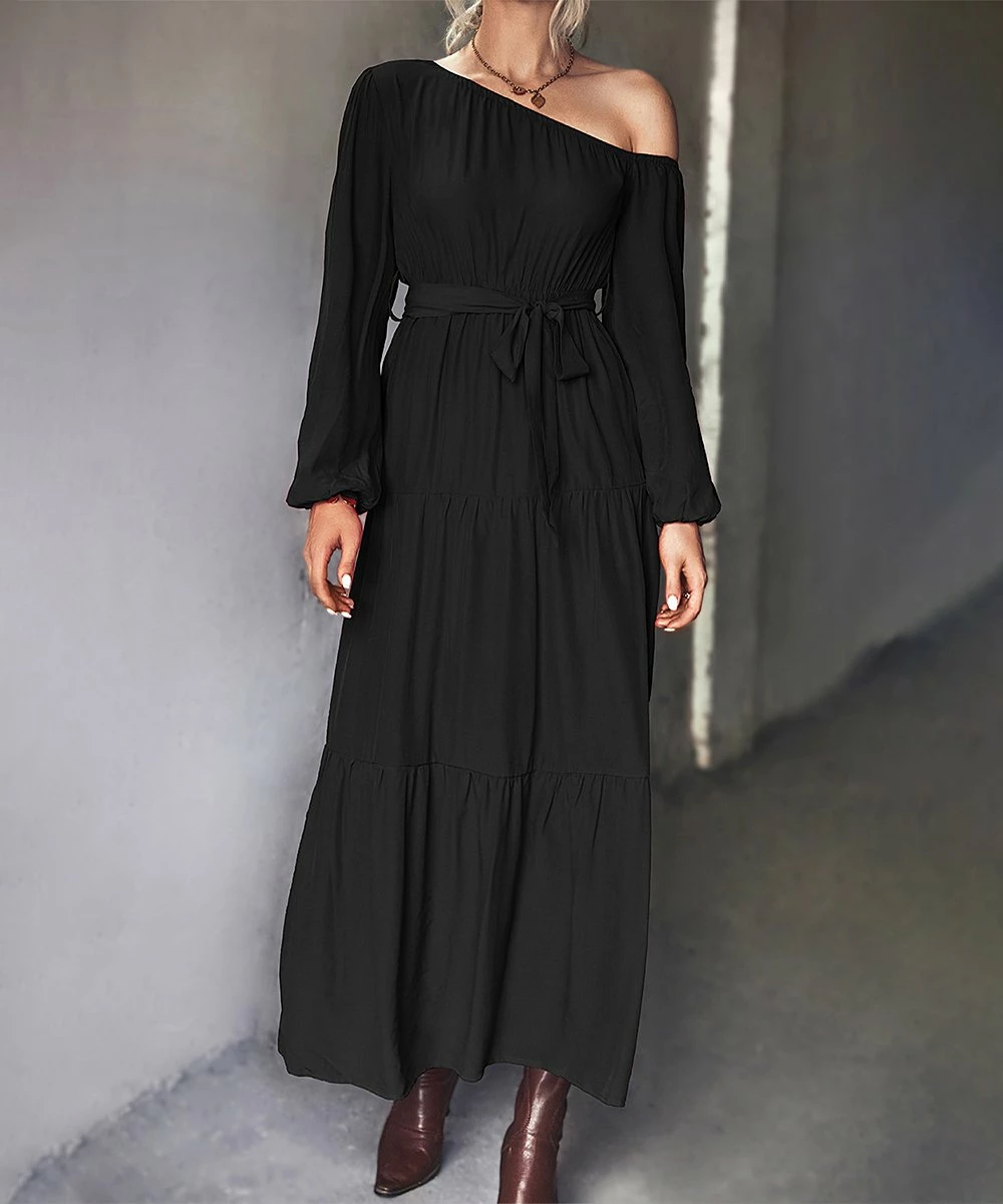 Best Pirce 🥰 Romantichut Black Tiered Off-Shoulder Maxi 👗 Dress - 👩 Women ⌛ 4 Best Pirce 🥰 Romantichut Black Tiered Off-Shoulder Maxi 👗 Dress - 👩 Women ⌛ - Image 2