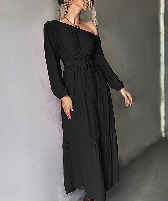 Best Pirce 🥰 Romantichut Black Tiered Off-Shoulder Maxi 👗 Dress - 👩 Women ⌛ 6 Best Pirce 🥰 Romantichut Black Tiered Off-Shoulder Maxi 👗 Dress - 👩 Women ⌛ - Image 4