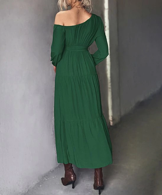 Best Pirce 😀 Romantichut Green Tiered Off-Shoulder Maxi 👗 Dress - 👩 Women ⌛ 5 Best Pirce 😀 Romantichut Green Tiered Off-Shoulder Maxi 👗 Dress - 👩 Women ⌛ - Image 3