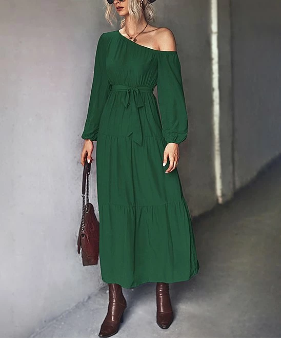 Best Pirce 😀 Romantichut Green Tiered Off-Shoulder Maxi 👗 Dress - 👩 Women ⌛ 3 Best Pirce 😀 Romantichut Green Tiered Off-Shoulder Maxi 👗 Dress - 👩 Women ⌛