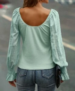 Best Sale ✔️ Romantichut Green Jacquard Open-Shoulder Long-Sleeve Top - 👩 Women ✨ -Romantichut Sales zu108462715 alt 1 tm1661731284