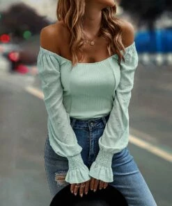 Best Sale ✔️ Romantichut Green Jacquard Open-Shoulder Long-Sleeve Top - 👩 Women ✨ -Romantichut Sales zu108462715 alt 2 tm1661731284