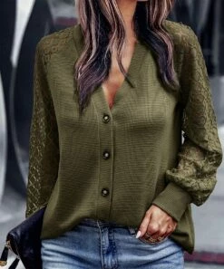 Cheapest 🔔 Romantichut Army Green Lace V-Neck Button-Up Long-Sleeve Top - 👩 Women ⭐ -Romantichut Sales zu108468120 alt 2 tm1661731284