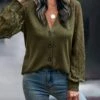 Cheapest 🔔 Romantichut Army Green Lace V-Neck Button-Up Long-Sleeve Top - 👩 Women ⭐ -Romantichut Sales zu108468120 main tm1661731284