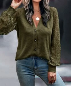 Cheapest 🔔 Romantichut Army Green Lace V-Neck Button-Up Long-Sleeve Top - 👩 Women ⭐