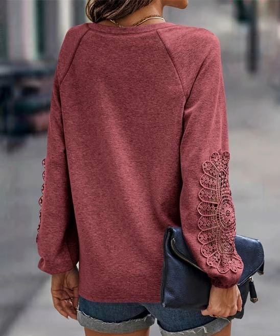 Flash Sale โ Romantichut Wine Red Lace-Panel Long-Sleeve V-Neck Top - ๐ฉ Women โ๏ธ 4 Flash Sale โ Romantichut Wine Red Lace-Panel Long-Sleeve V-Neck Top - ๐ฉ Women โ๏ธ - Image 2