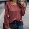 Flash Sale ⌛ Romantichut Wine Red Lace-Panel Long-Sleeve V-Neck Top - 👩 Women ✔️ -Romantichut Sales zu108480860 main tm1661883514