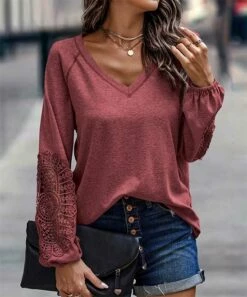 Flash Sale ⌛ Romantichut Wine Red Lace-Panel Long-Sleeve V-Neck Top - 👩 Women ✔️
