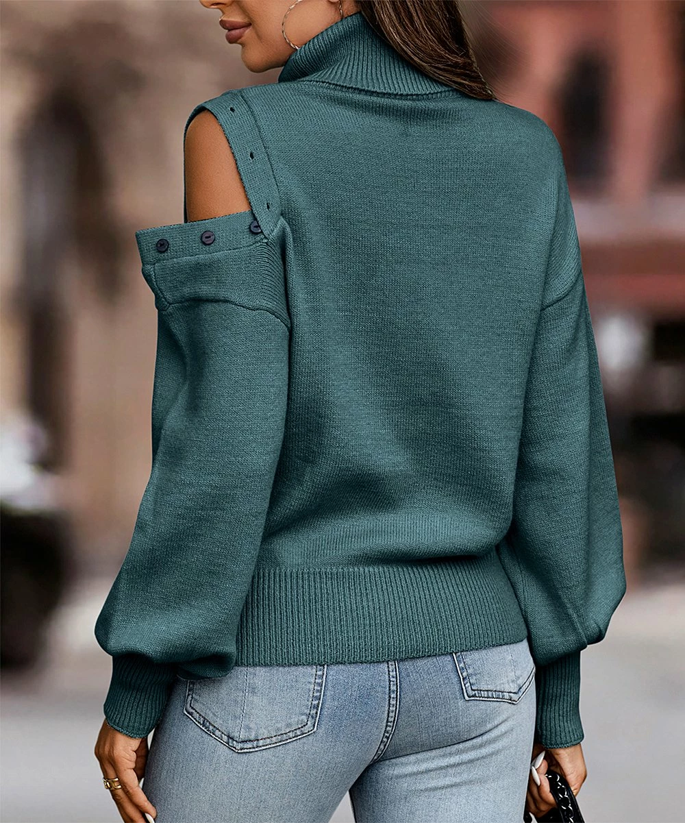 Cheap 👍 Romantichut Dusty Blue Turtleneck Off-Shoulder Sweater - 👩 Women ✔️ 4 Cheap 👍 Romantichut Dusty Blue Turtleneck Off-Shoulder Sweater - 👩 Women ✔️ - Image 2