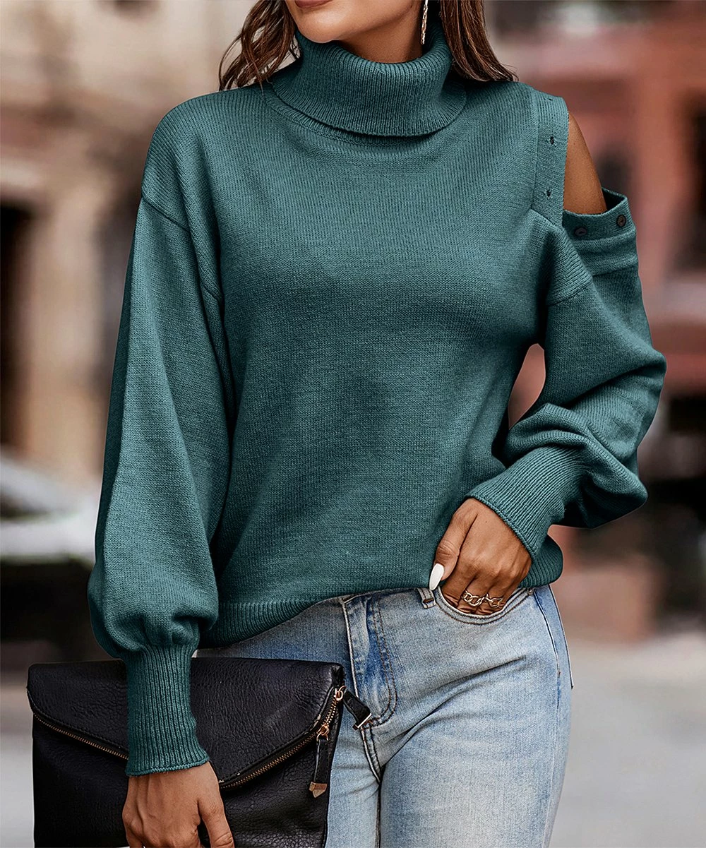 Cheap 👍 Romantichut Dusty Blue Turtleneck Off-Shoulder Sweater - 👩 Women ✔️ 5 Cheap 👍 Romantichut Dusty Blue Turtleneck Off-Shoulder Sweater - 👩 Women ✔️ - Image 3