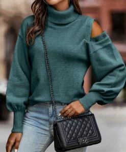Cheap 👍 Romantichut Dusty Blue Turtleneck Off-Shoulder Sweater - 👩 Women ✔️