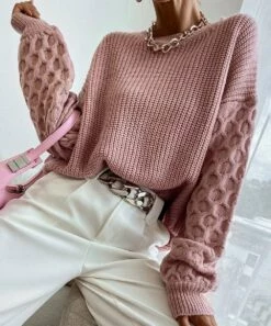 Deals 👏 Romantichut Pink Honeycomb-Knit Bishop-Sleeve Crewneck Sweater - 👩 Women 🧨 -Romantichut Sales zu108481170 alt 3 tm1661536551