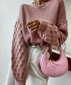 Deals 👏 Romantichut Pink Honeycomb-Knit Bishop-Sleeve Crewneck Sweater - 👩 Women 🧨 -Romantichut Sales zu108481170 alt 4 tm1661536551