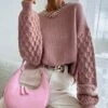 Deals 👏 Romantichut Pink Honeycomb-Knit Bishop-Sleeve Crewneck Sweater - 👩 Women 🧨 -Romantichut Sales zu108481170 main tm1661536551