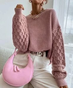 Deals ๐ Romantichut Pink Honeycomb-Knit Bishop-Sleeve Crewneck Sweater - ๐ฉ Women ๐งจ