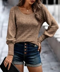 Buy 🧨 Romantichut Khaki Ribbed Balloon-Sleeve Sweater - 👩 Women ⌛ -Romantichut Sales zu108481214 alt 2 tm1661883514