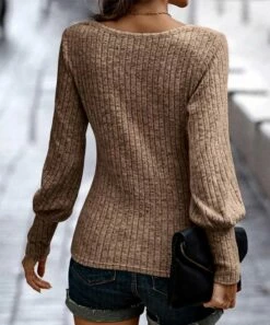 Buy 🧨 Romantichut Khaki Ribbed Balloon-Sleeve Sweater - 👩 Women ⌛ -Romantichut Sales zu108481214 alt 3 tm1661883514