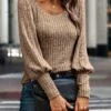 Buy 🧨 Romantichut Khaki Ribbed Balloon-Sleeve Sweater - 👩 Women ⌛ -Romantichut Sales zu108481214 main tm1661883514