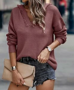 Brand new 🎁 Romantichut Pink Raw-Edge V-Neck Hoodie - 👩 Women 🧨 -Romantichut Sales zu108481251 alt 2 tm1661862379