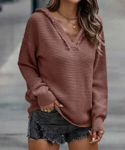 Brand new 🎁 Romantichut Pink Raw-Edge V-Neck Hoodie - 👩 Women 🧨