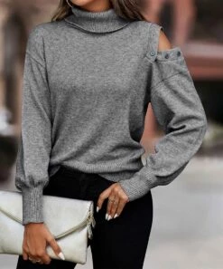 Best reviews of 😀 Romantichut Gray Button-Cutout Turtleneck Sweater - 👩 Women 🔔 -Romantichut Sales zu108486989 alt 2 tm1661536551