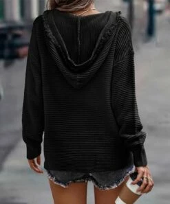 Outlet ✔️ Romantichut Black Waffle V-Neck Hoodie - 👩 Women 👏 -Romantichut Sales zu108487128 alt 3 tm1661794964