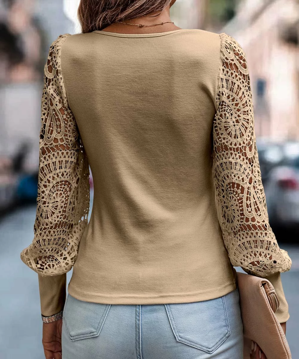 Wholesale ✨ Romantichut Khaki Lace Bishop-Sleeve Scoop-Neck Top - 👩 Women 😉 4 Wholesale ✨ Romantichut Khaki Lace Bishop-Sleeve Scoop-Neck Top - 👩 Women 😉 - Image 2