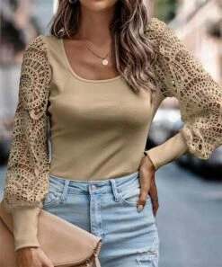 Wholesale ✨ Romantichut Khaki Lace Bishop-Sleeve Scoop-Neck Top - 👩 Women 😉