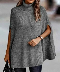 Cheap 🌟 Romantichut Gray Turtleneck Half-Sleeve Poncho - 👩 Women 😍