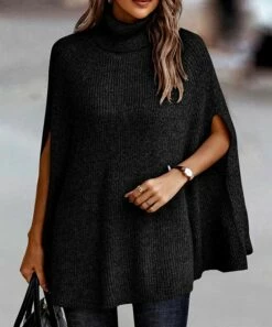 Coupon ❤️ Romantichut Black Turtleneck Poncho - 👩 Women 👏