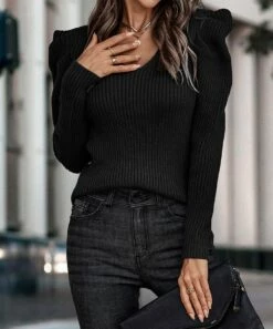 Outlet 🔔 Romantichut Black Ribbed Mutton-Sleeve V-Neck Sweater - 👩 Women 😉 -Romantichut Sales zu108517453 alt 2 tm1662467118