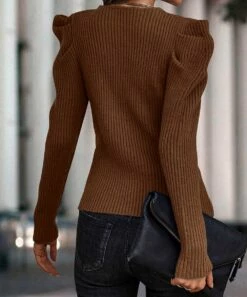 Buy 🥰 Romantichut Brown Ribbed Mutton-Sleeve V-Neck Sweater - 👩 Women 😍 -Romantichut Sales zu108517454 alt 3 tm1662752232